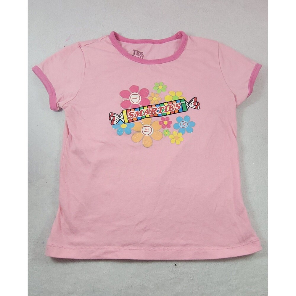 ​Y2K Smarties Pink Ringer Baby Tee Youth XL Fits Women XS/S Glitter Flower Cute